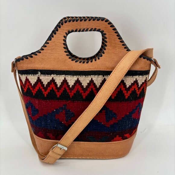 AztecInspired Handbag with Leather and Woven Textile Design - Picture 8 of 13